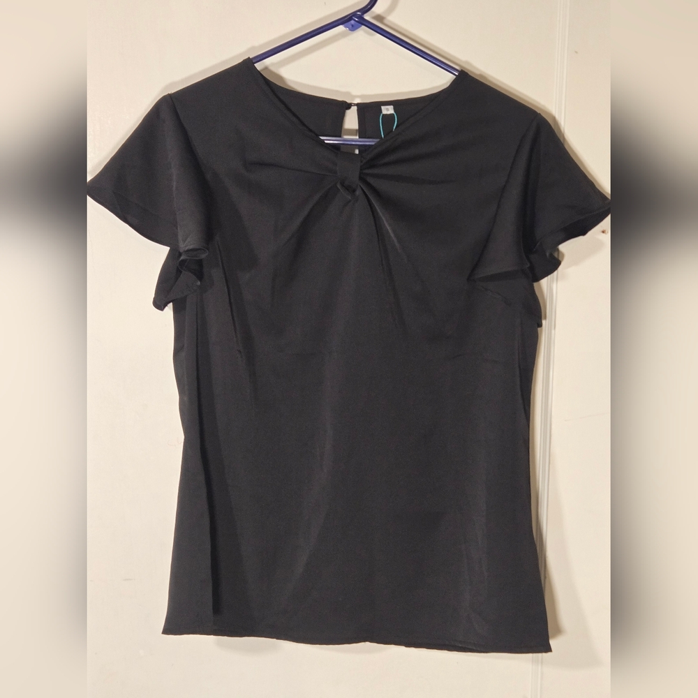 POPLAB Womens Short Sleeve Chiffon Blouse w V Neck Bow Tie Small